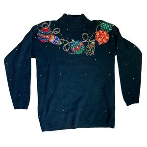 Marisa Christina women's Christmas sweater size M black vintage ornaments beaded